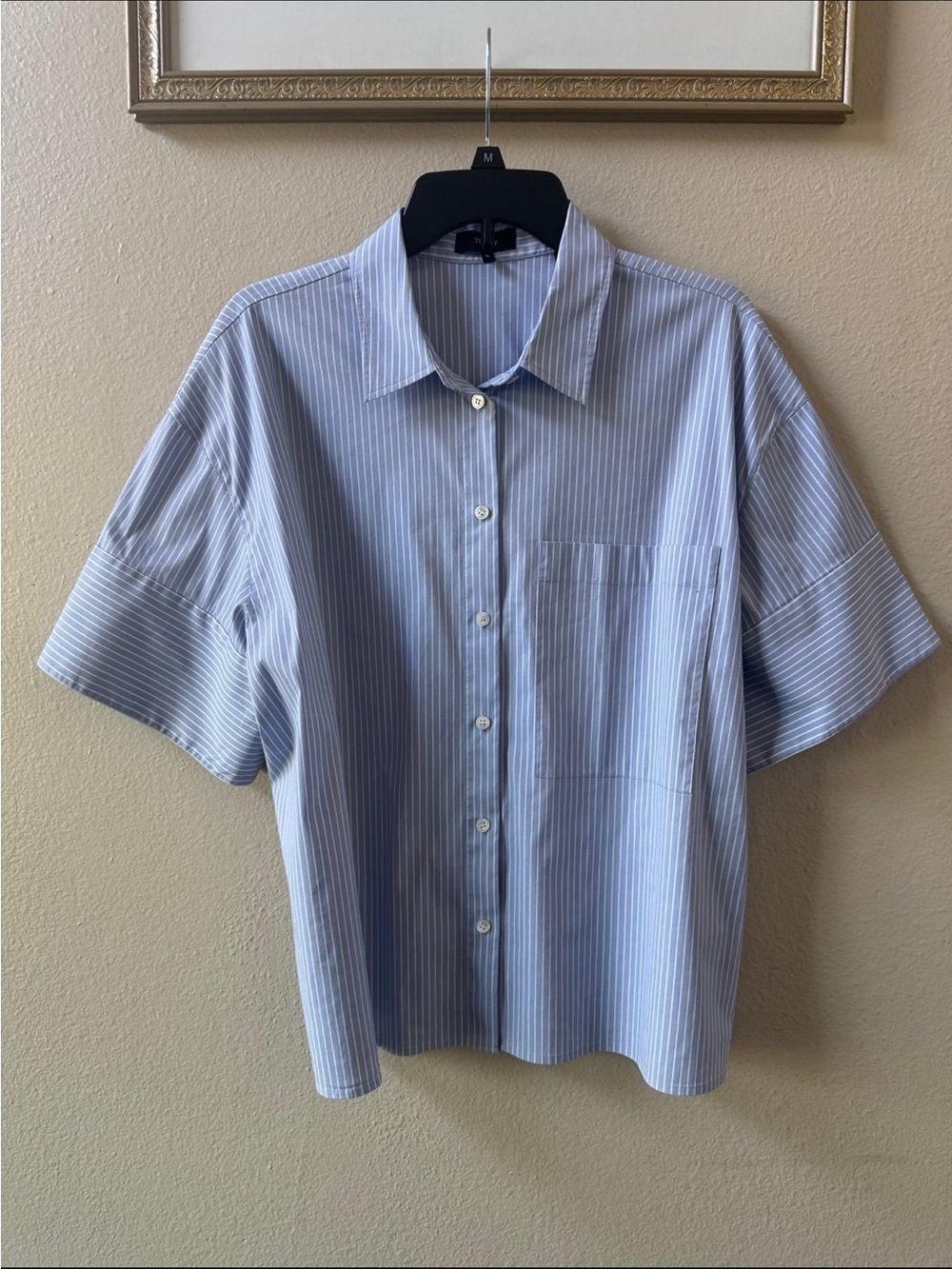 Theory short sleeve blue striped oversized button down shirt size XL
